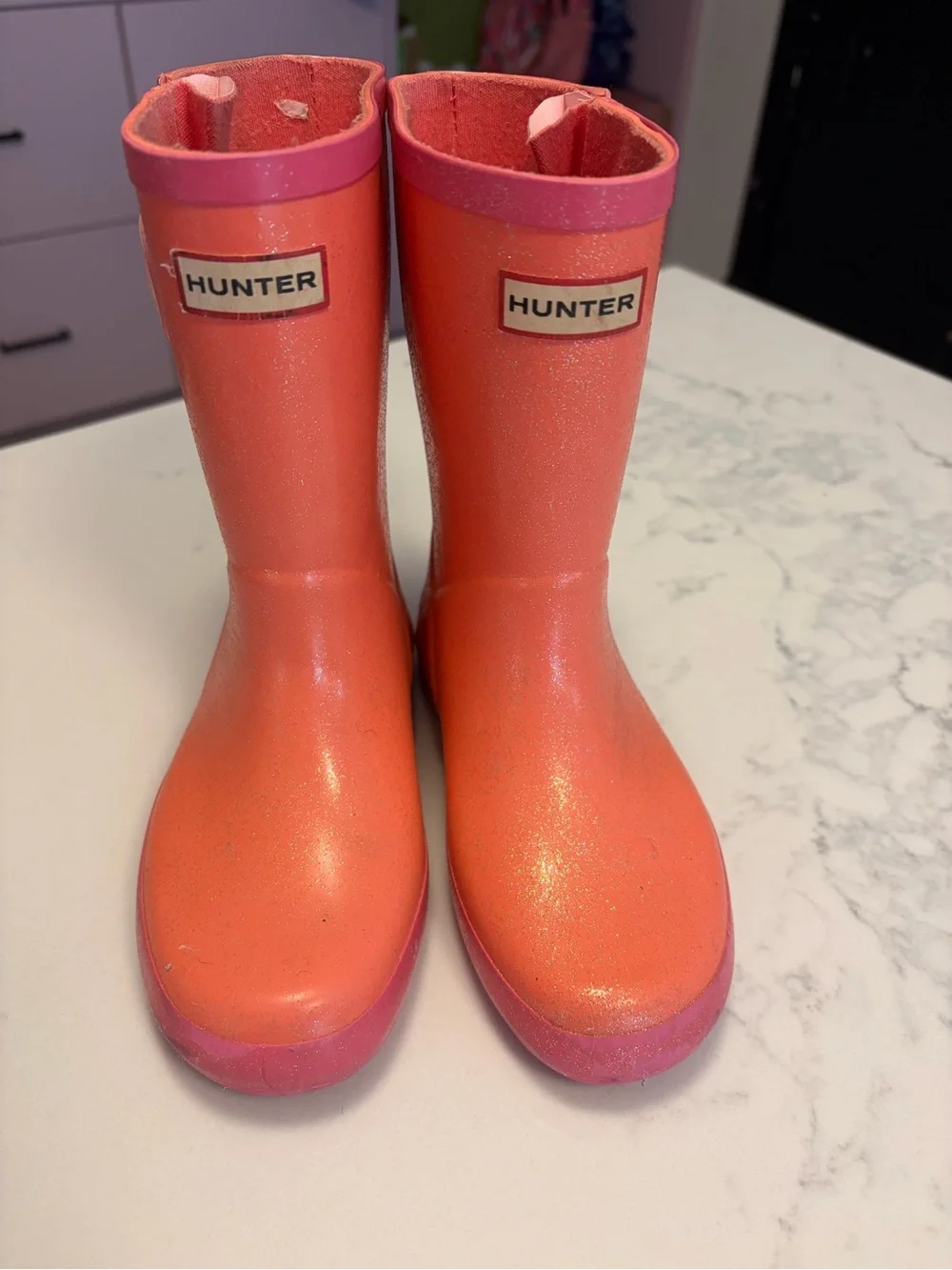 Hunter Glitter Coral and Pink Kids Rain Boots
